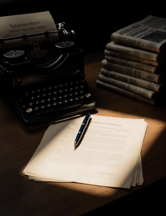 Een klassiek bureau met journalistieke documenten en een typemachine